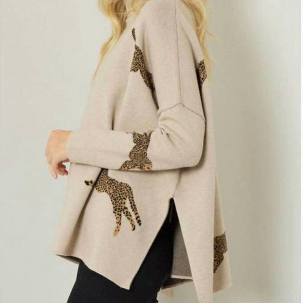 NEW ENTRO Large Leopard Tunic Sweater in Oatmeal - Picture 2 of 11